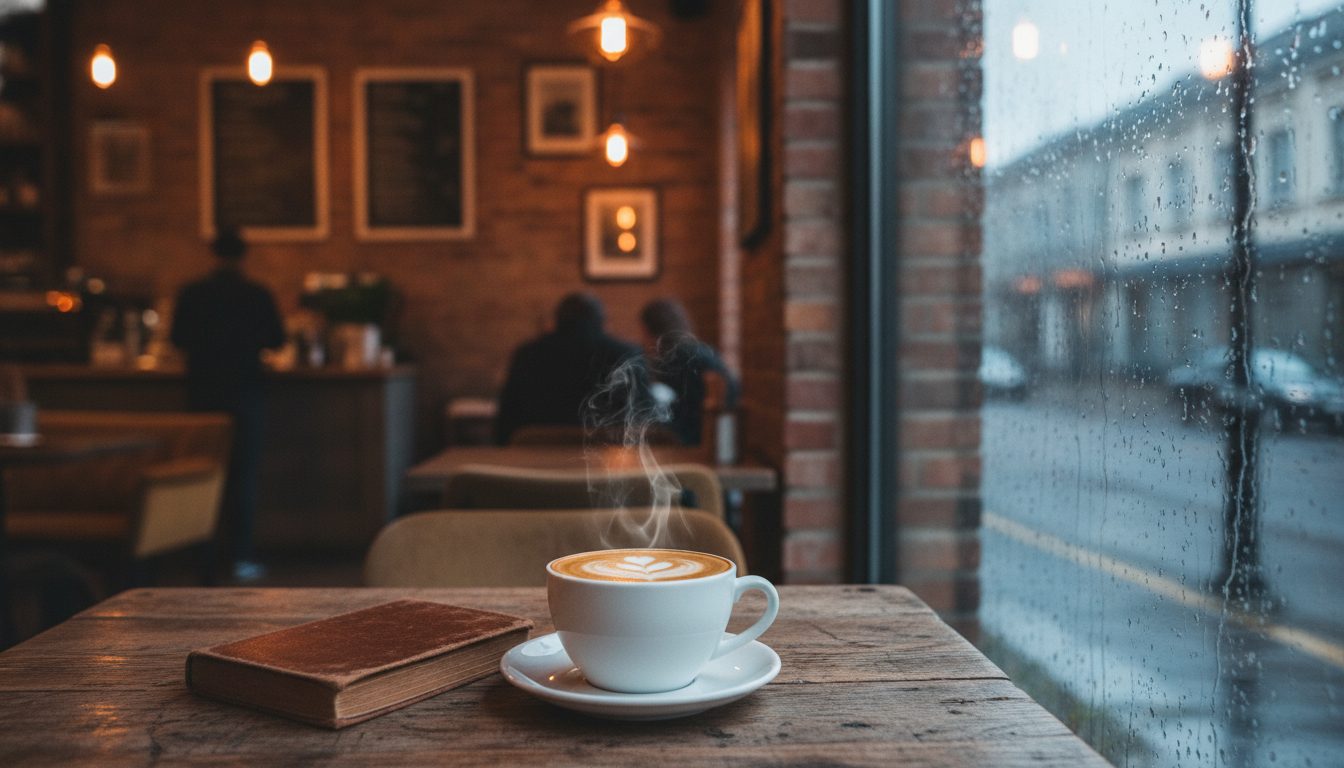 Xícara de café com vapor e um livro sobre uma mesa de madeira, ao lado de uma janela com gotas de chuva, fundo de tijolos e luz quente desfocada.