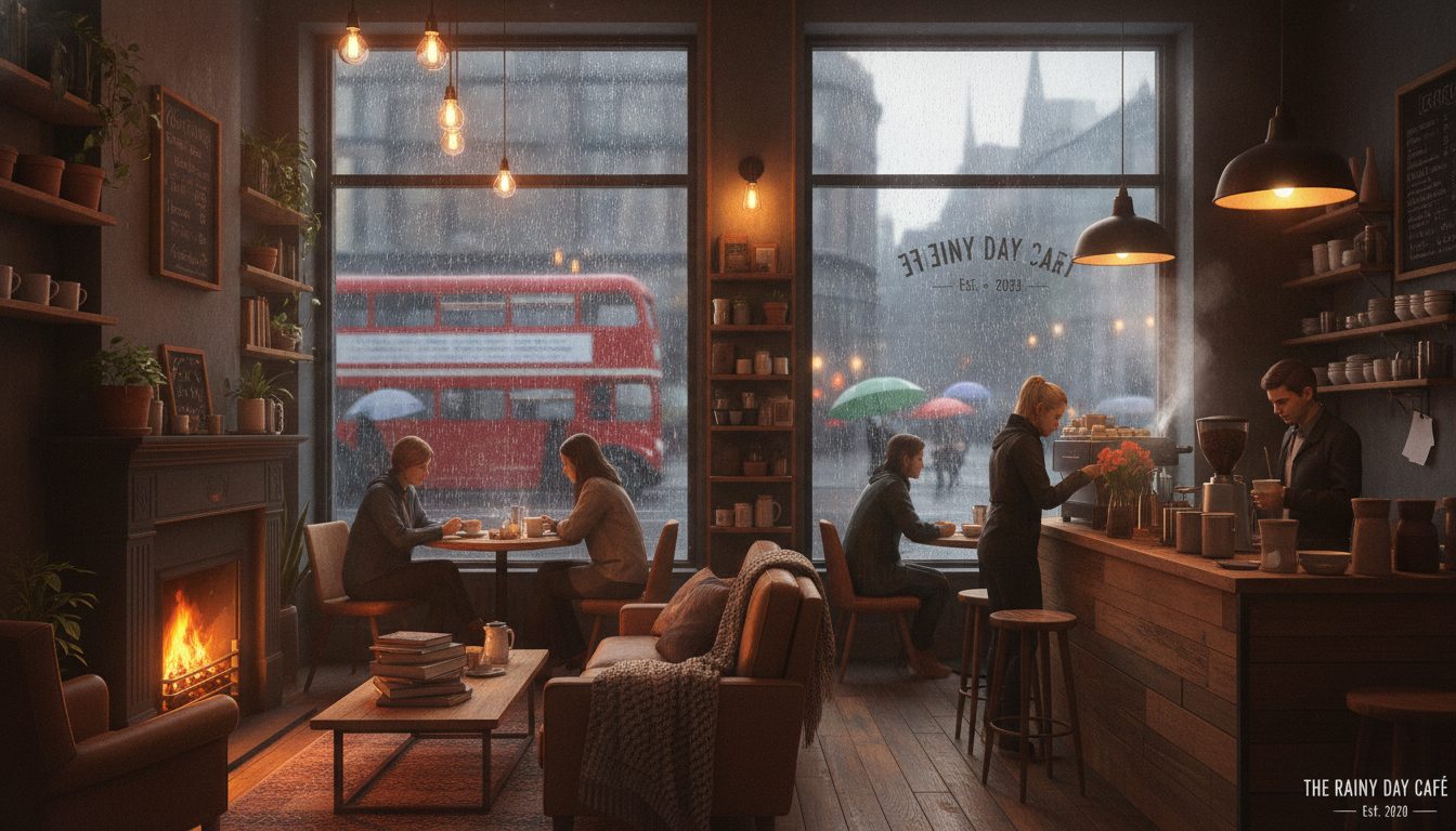 Cafeteria cheia de gente e de objetos numa tarde de chuva, com um ônibus vermelho na janela, lareira, muitos detalhes competindo e um letreiro com as letras invertidas.